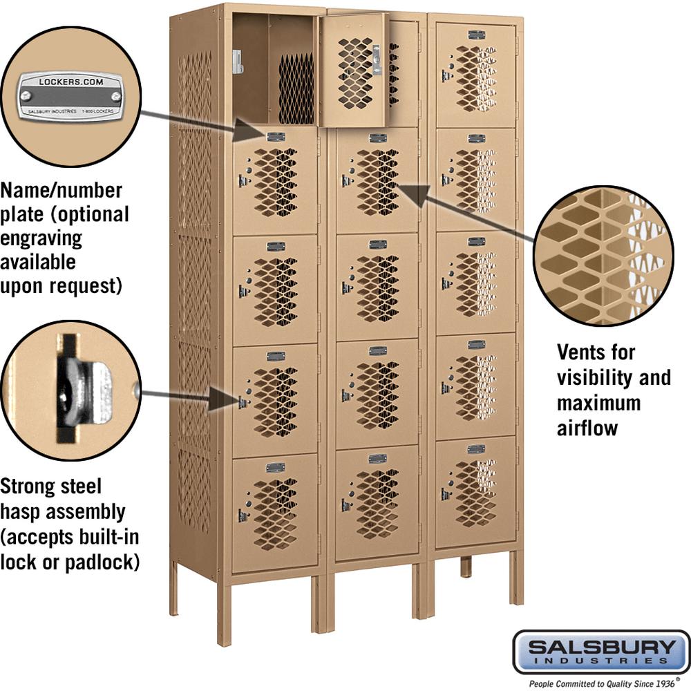 12" Wide Five Tier Box Style Vented Metal Locker - 3 Wide - 5 Feet High - 12" Deep by Salsbury