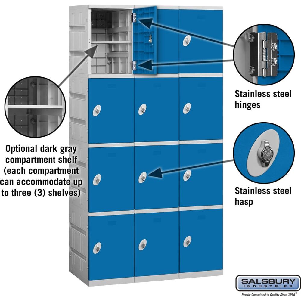 12" Wide Four Tier Plastic Locker - 3 Wide - 6 Feet High - 18" Deep by Salsbury