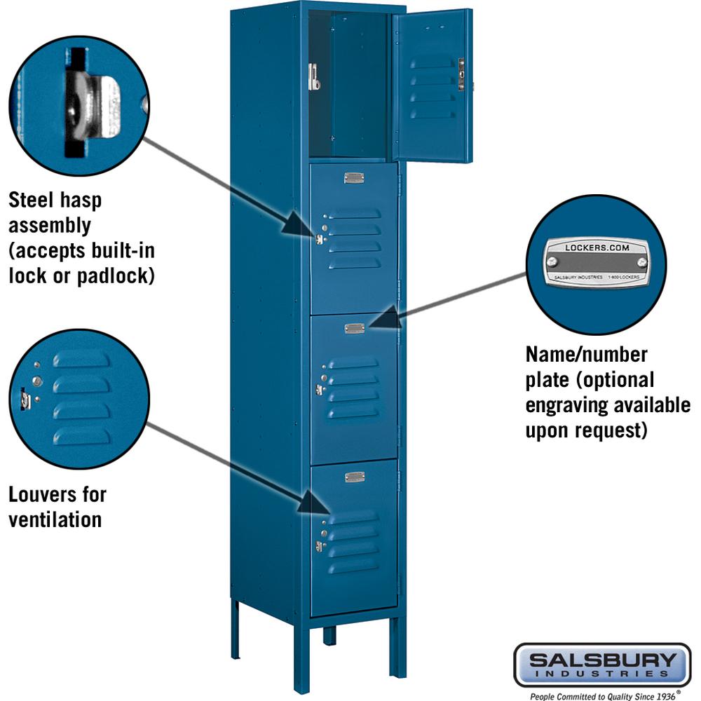 12" Wide Four Tier Standard Metal Locker - 1 Wide - 5 Feet High - 12" Deep by Salsbury