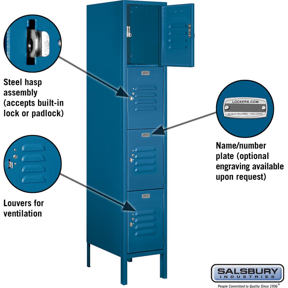 12" Wide Four Tier Standard Metal Locker - 1 Wide - 5 Feet High - 18" Deep by Salsbury