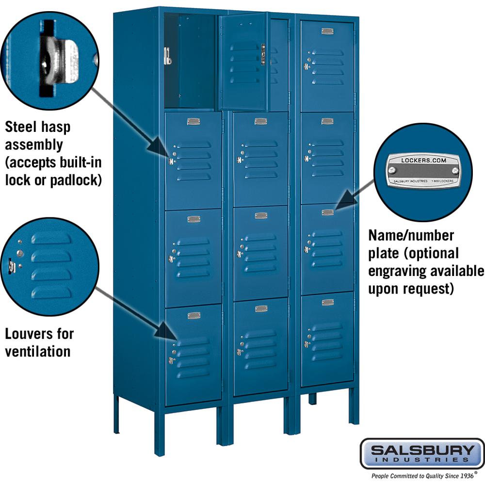 12" Wide Four Tier Standard Metal Locker - 3 Wide - 5 Feet High - 12" Deep by Salsbury