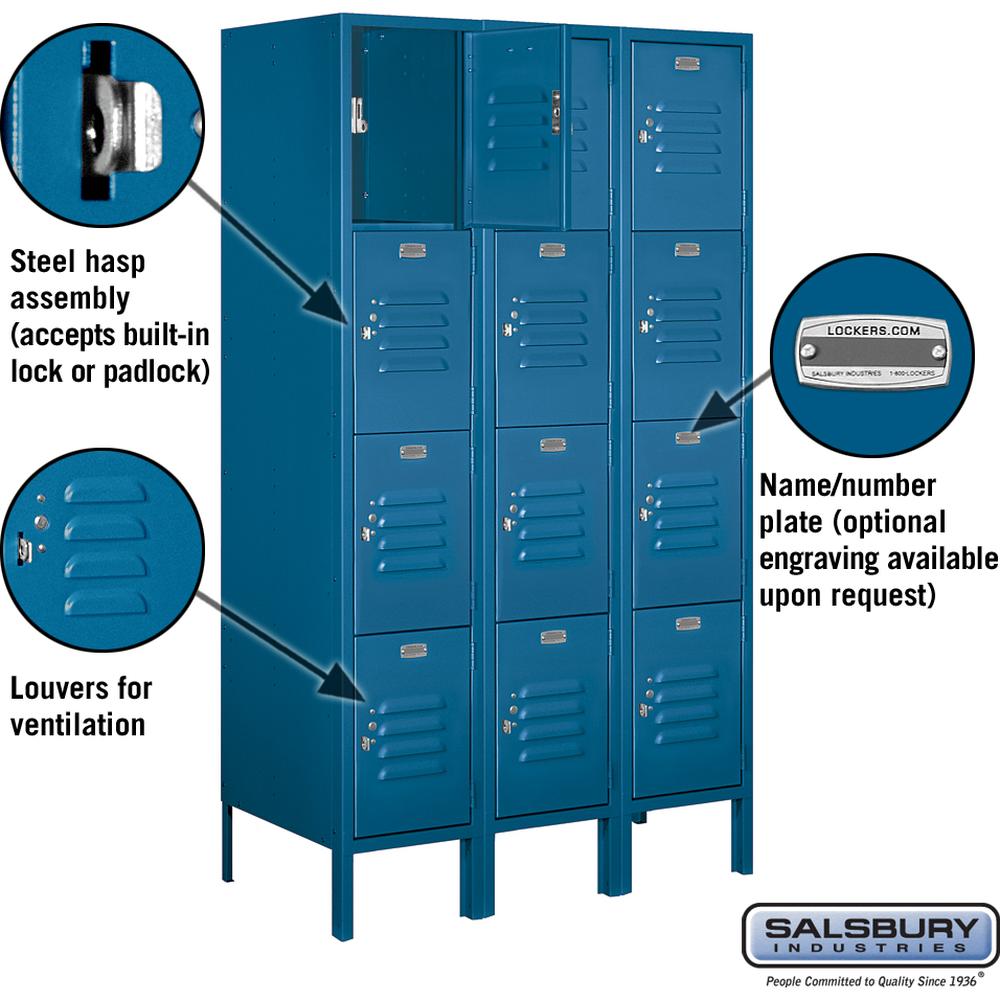 12" Wide Four Tier Standard Metal Locker - 3 Wide - 5 Feet High - 18" Deep by Salsbury