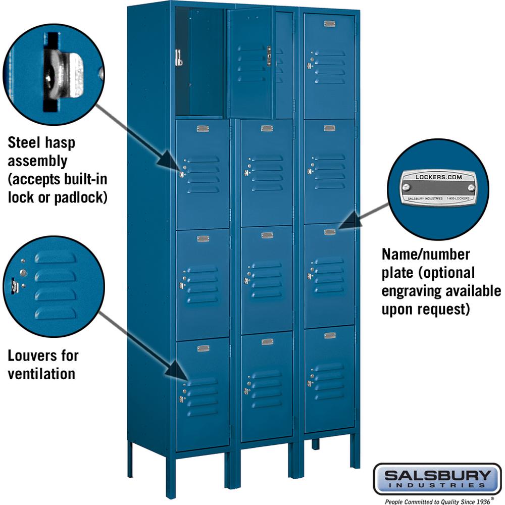 12" Wide Four Tier Standard Metal Locker - 3 Wide - 6 Feet High - 12" Deep by Salsbury
