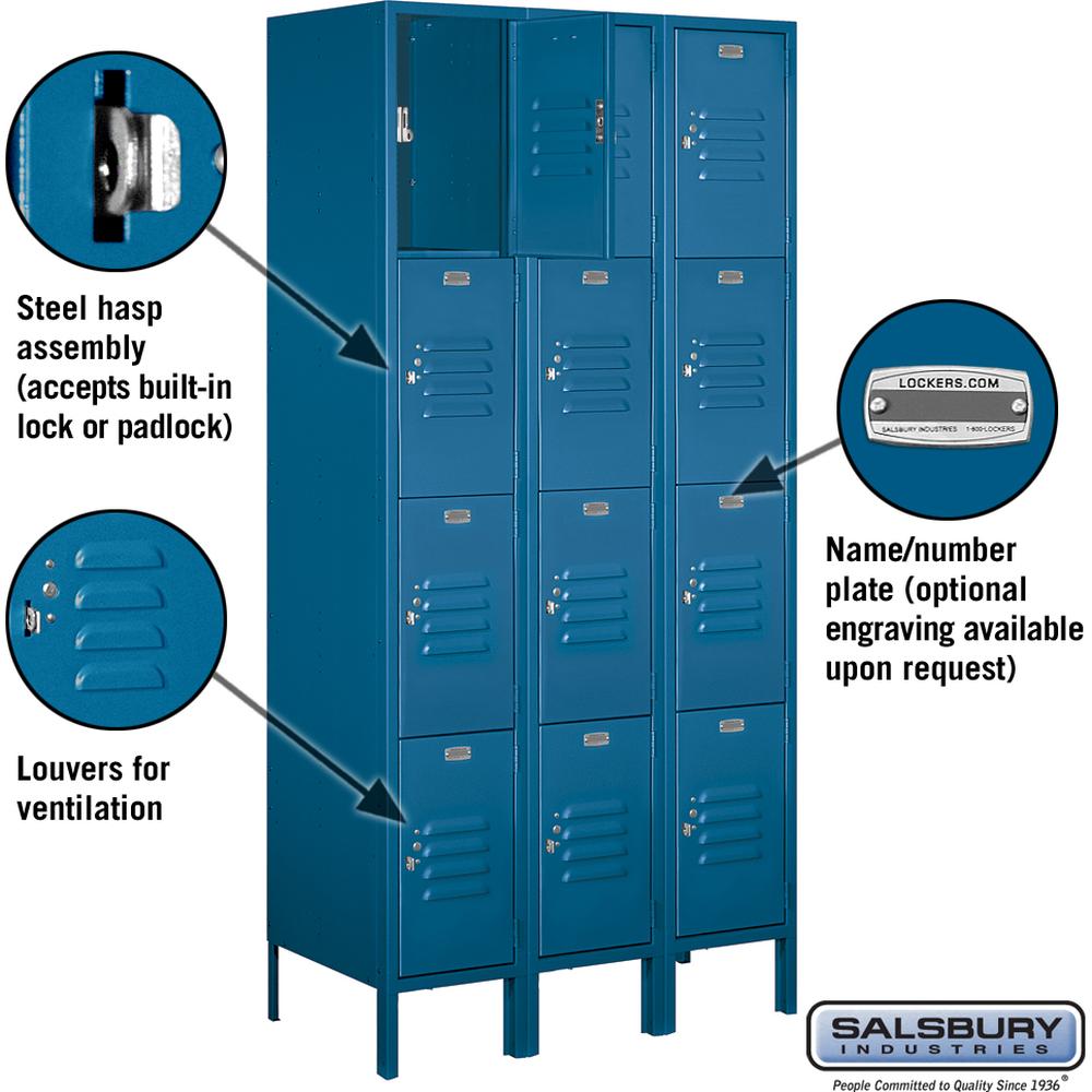 12" Wide Four Tier Standard Metal Locker - 3 Wide - 6 Feet High - 18" Deep by Salsbury