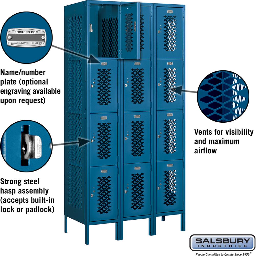 12" Wide Four Tier Vented Metal Locker - 3 Wide - 6 Feet High - 18" Deep by Salsbury