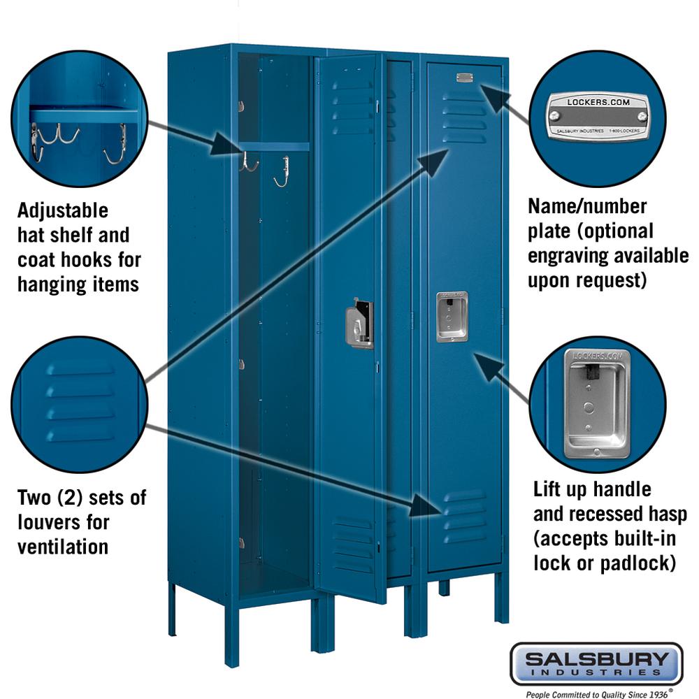 12" Wide Single Tier Standard Metal Locker - 3 Wide - 5 Feet High - 12" Deep by Salsbury