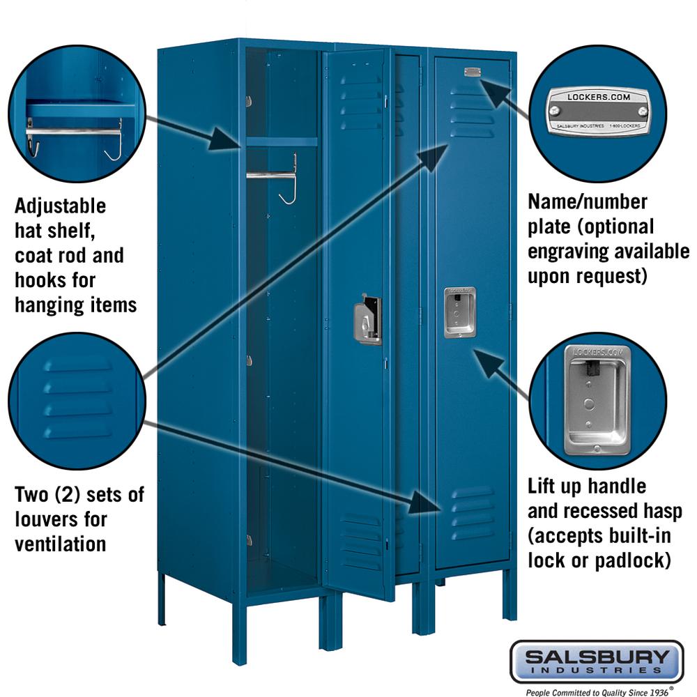 12" Wide Single Tier Standard Metal Locker - 3 Wide - 5 Feet High - 18" Deep by Salsbury