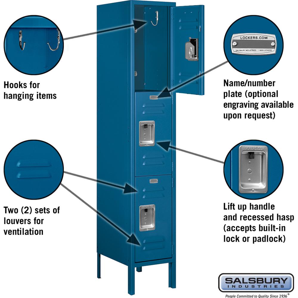 12" Wide Triple Tier Standard Metal Locker - 1 Wide - 5 Feet High - 15" Deep by Salsbury