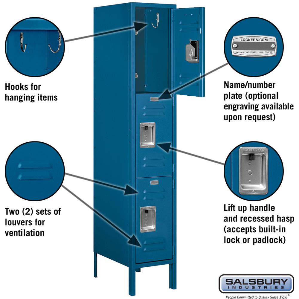 12" Wide Triple Tier Standard Metal Locker - 1 Wide - 5 Feet High - 18" Deep by Salsbury