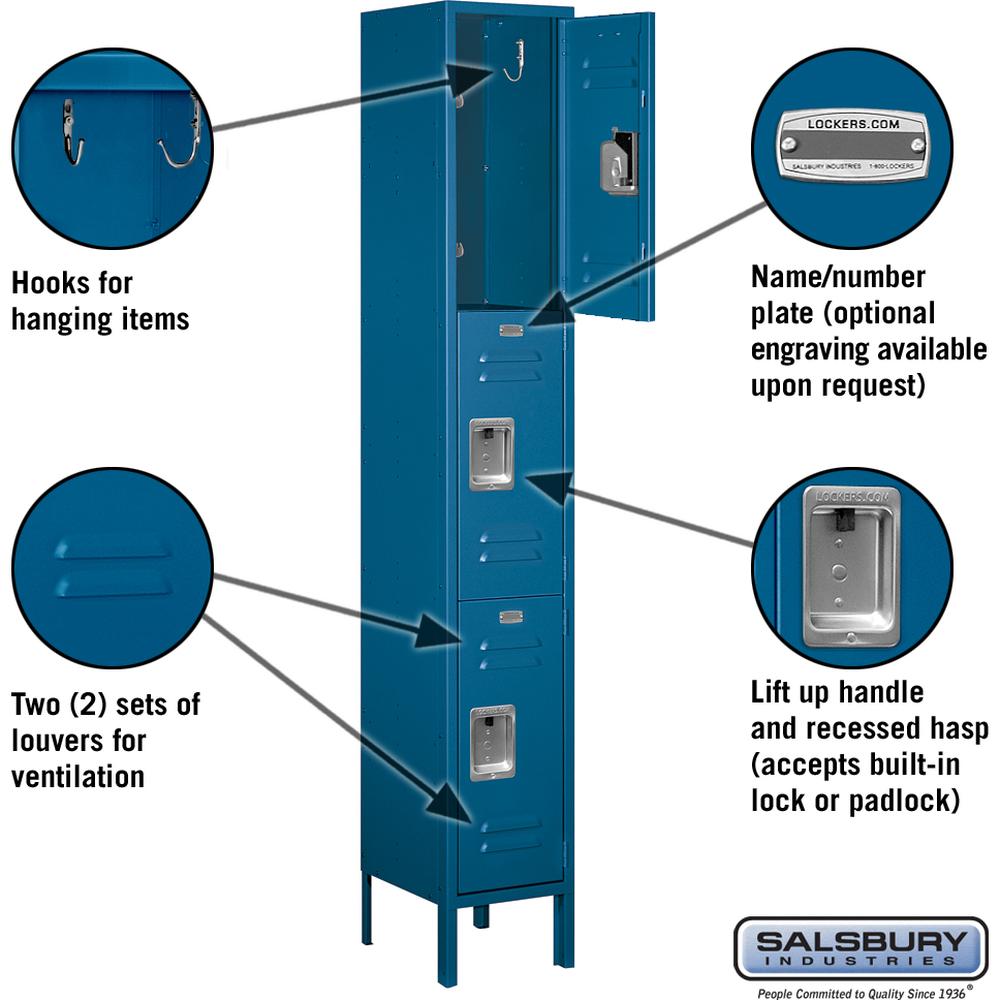 12" Wide Triple Tier Standard Metal Locker - 1 Wide - 6 Feet High - 12" Deep by Salsbury
