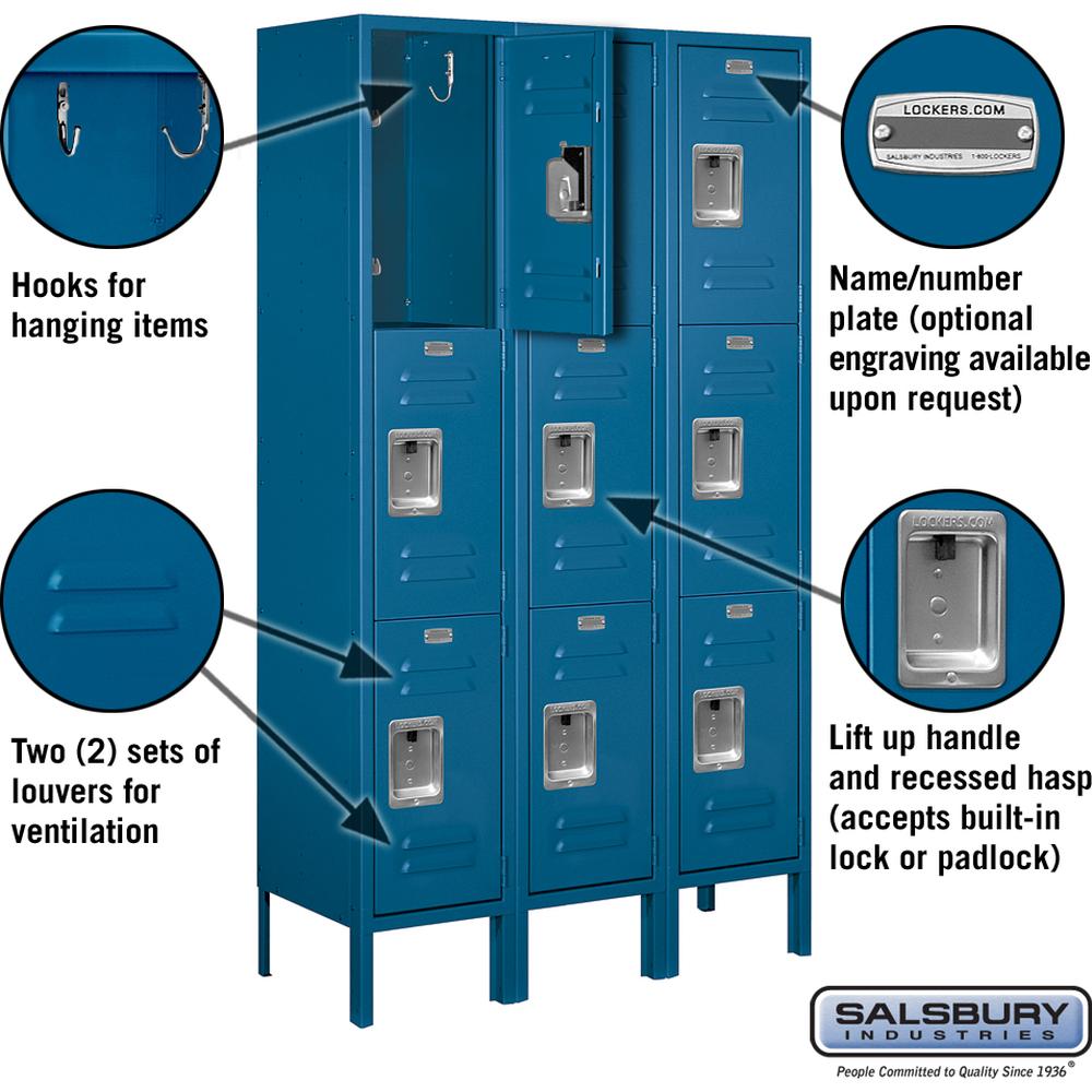 12" Wide Triple Tier Standard Metal Locker - 3 Wide - 5 Feet High - 12" Deep by Salsbury
