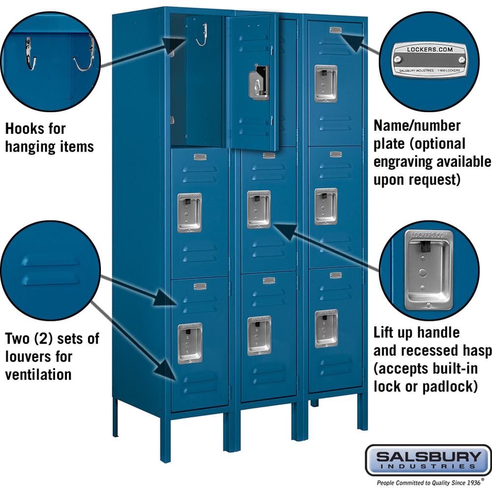 12" Wide Triple Tier Standard Metal Locker - 3 Wide - 5 Feet High - 15" Deep by Salsbury