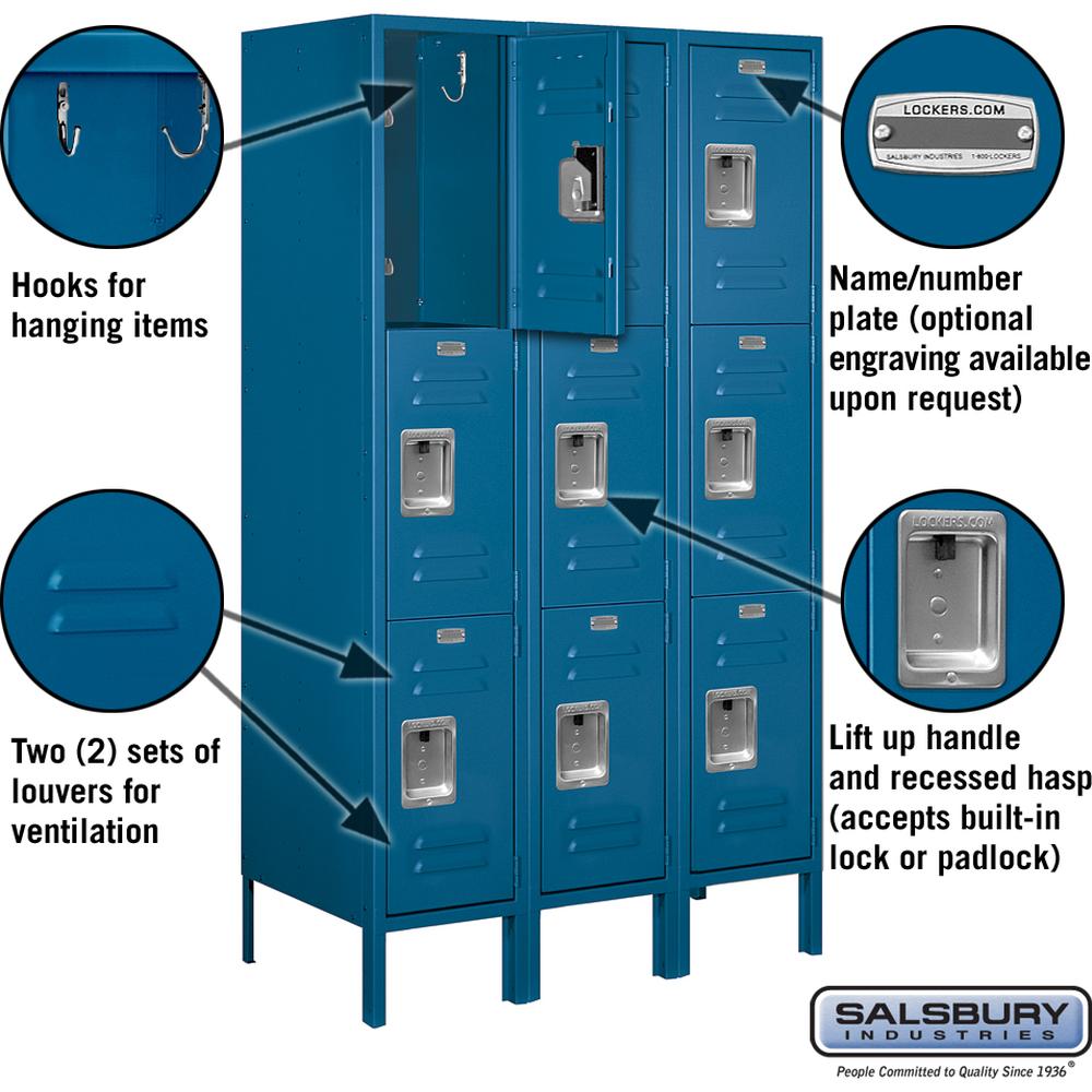 12" Wide Triple Tier Standard Metal Locker - 3 Wide - 5 Feet High - 18" Deep by Salsbury