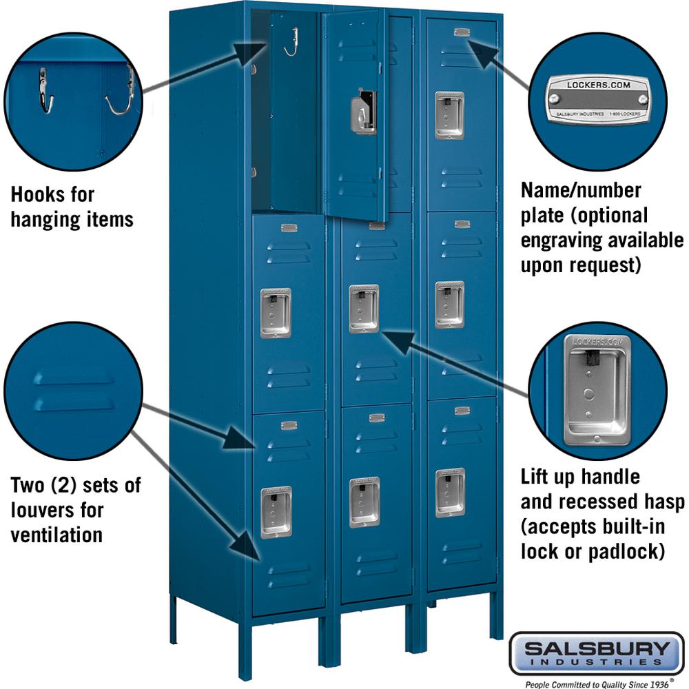 12" Wide Triple Tier Standard Metal Locker - 3 Wide - 6 Feet High - 18" Deep by Salsbury