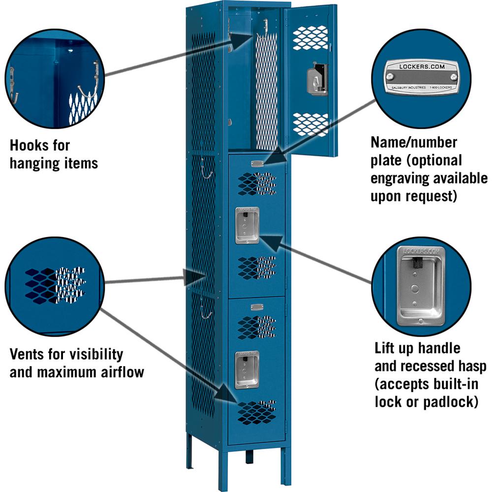 12" Wide Triple Tier Vented Metal Locker - 1 Wide - 6 Feet High - 12" Deep by Salsbury