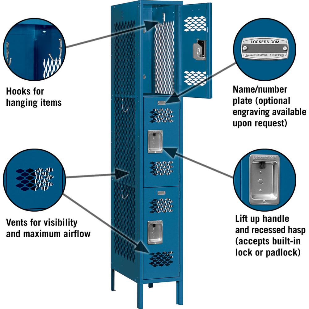 12" Wide Triple Tier Vented Metal Locker - 1 Wide - 6 Feet High - 18" Deep by Salsbury
