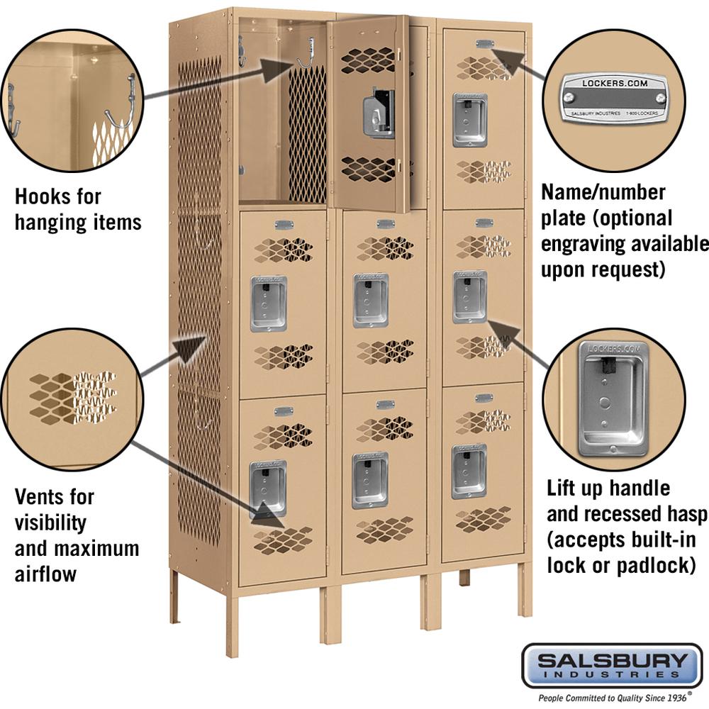 12" Wide Triple Tier Vented Metal Locker - 3 Wide - 5 Feet High - 15" Deep by Salsbury
