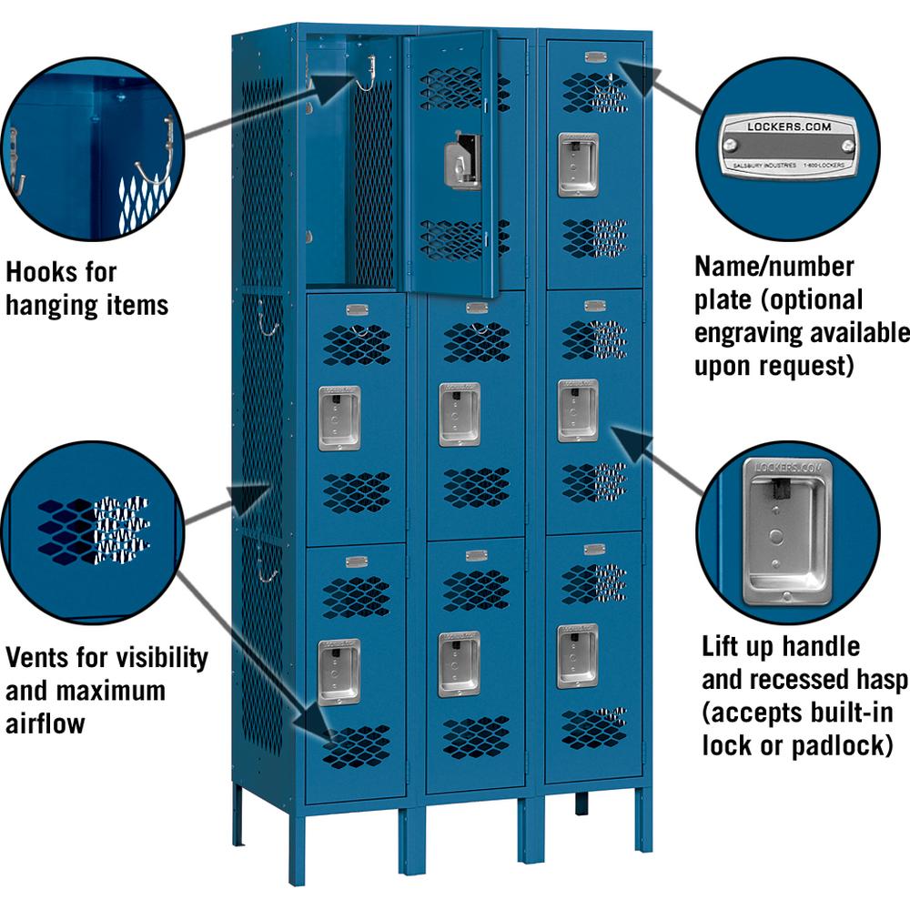 12" Wide Triple Tier Vented Metal Locker - 3 Wide - 6 Feet High - 12" Deep by Salsbury