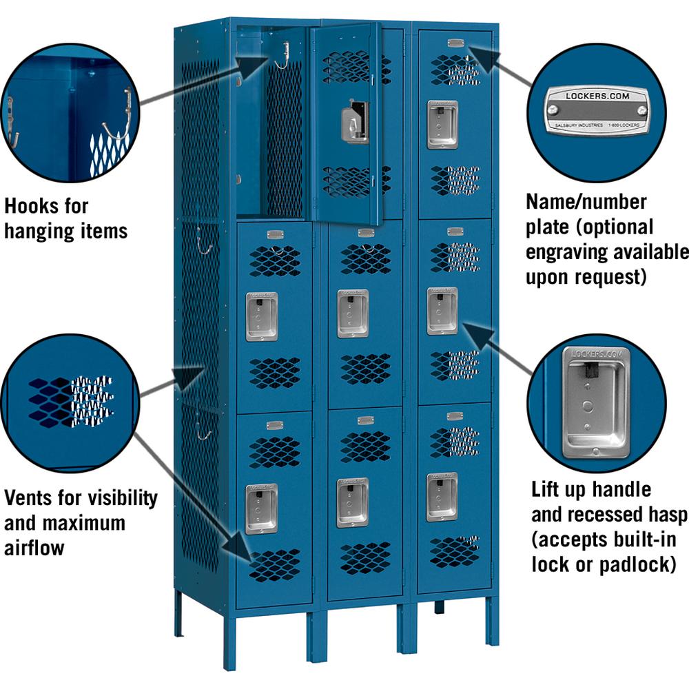 12" Wide Triple Tier Vented Metal Locker - 3 Wide - 6 Feet High - 15" Deep by Salsbury
