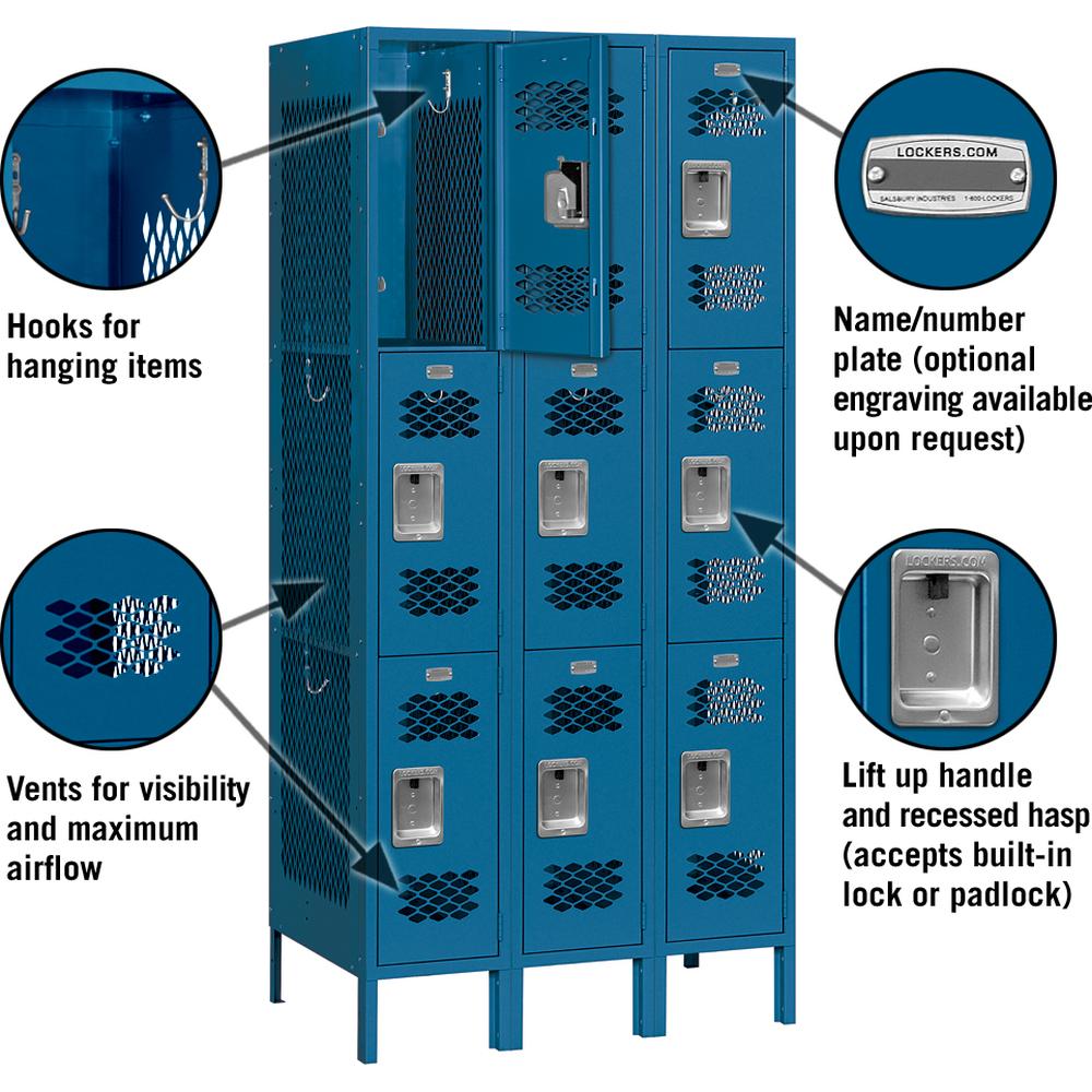12" Wide Triple Tier Vented Metal Locker - 3 Wide - 6 Feet High - 18" Deep by Salsbury
