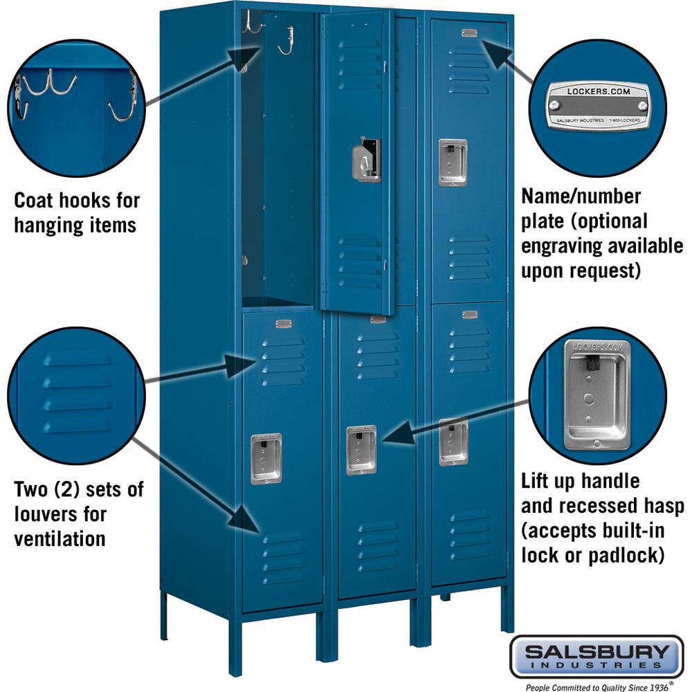 15" Wide Double Tier Standard Metal Locker - 3 Wide - 6 Feet High - 18" Deep by Salsbury