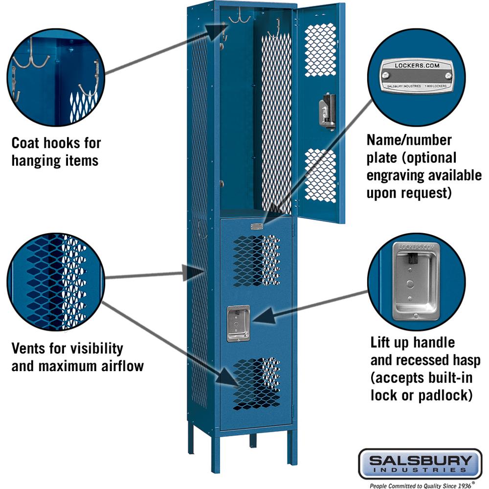 15" Wide Double Tier Vented Metal Locker - 1 Wide - 6 Feet High - 15" Deep by Salsbury