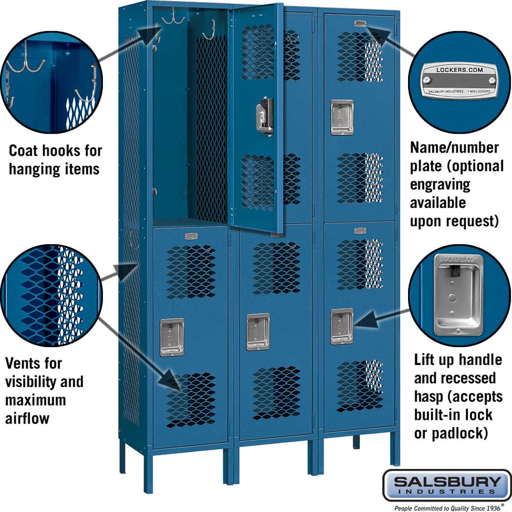 15" Wide Double Tier Vented Metal Locker - 3 Wide - 6 Feet High - 15" Deep by Salsbury