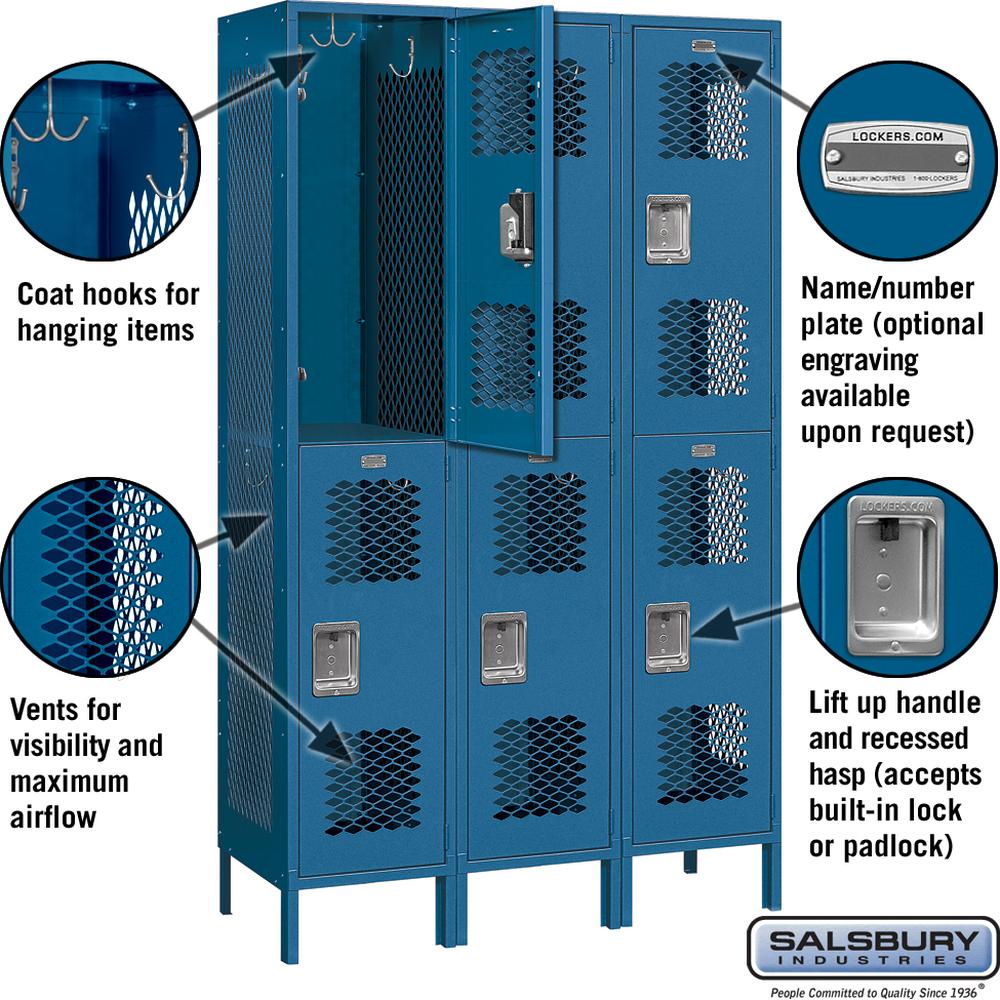 15" Wide Double Tier Vented Metal Locker - 3 Wide - 6 Feet High - 18" Deep by Salsbury