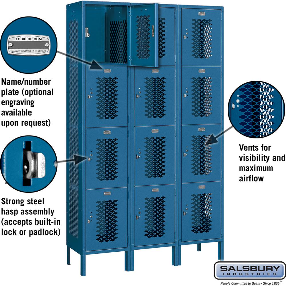 15" Wide Four Tier Vented Metal Locker - 3 Wide - 6 Feet High - 15" Deep by Salsbury