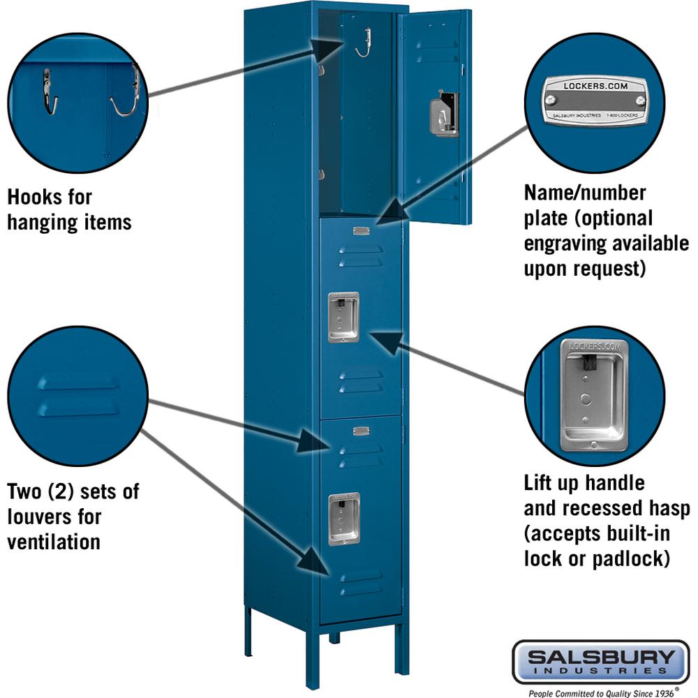 15" Wide Triple Tier Standard Metal Locker - 1 Wide - 6 Feet High - 15" Deep by Salsbury