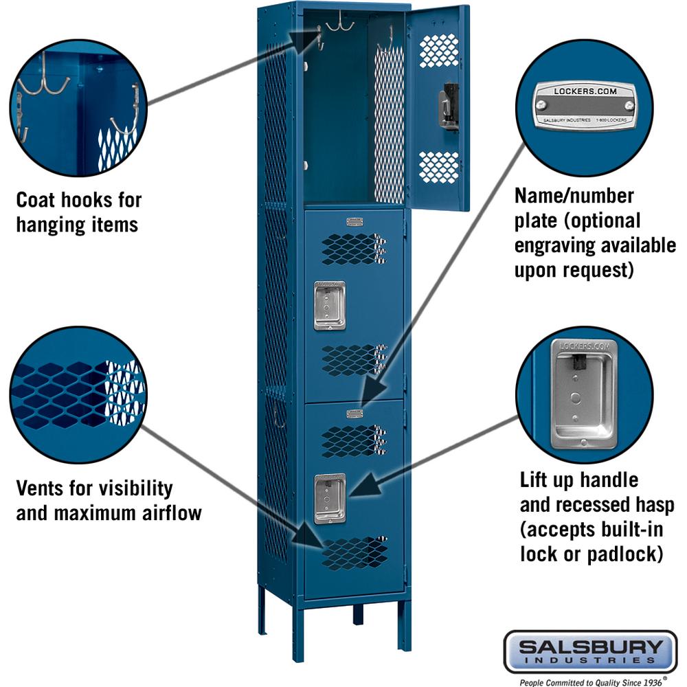 15" Wide Triple Tier Vented Metal Locker - 1 Wide - 6 Feet High - 15" Deep by Salsbury