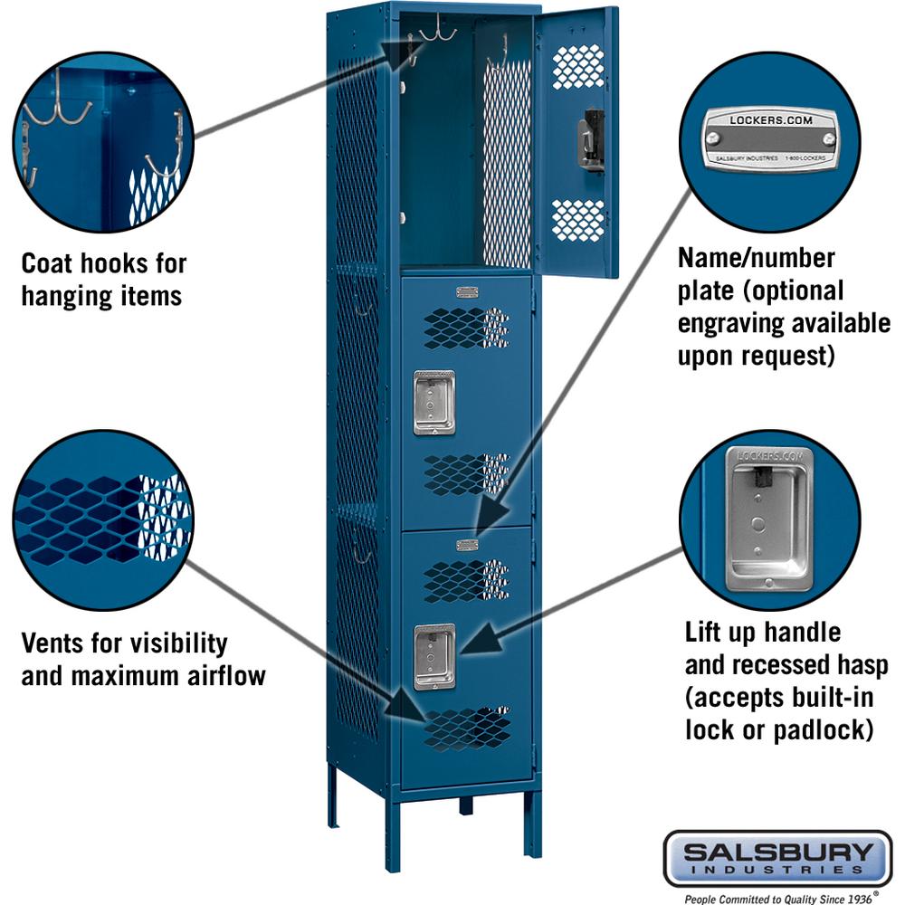15" Wide Triple Tier Vented Metal Locker - 1 Wide - 6 Feet High - 18" Deep by Salsbury