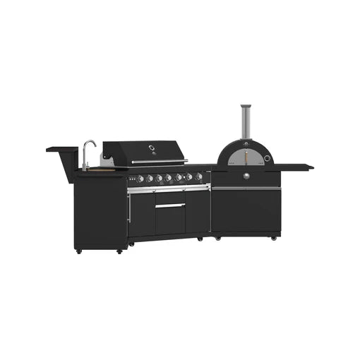 FORNO All’Aperto Outdoor Kitchen Set - 87,600 BTU Gas Grill with 4 Burners + Side Burner, Gas Pizza Oven, Sink Module/Beverage Center with Black Sintered Stone Countertop