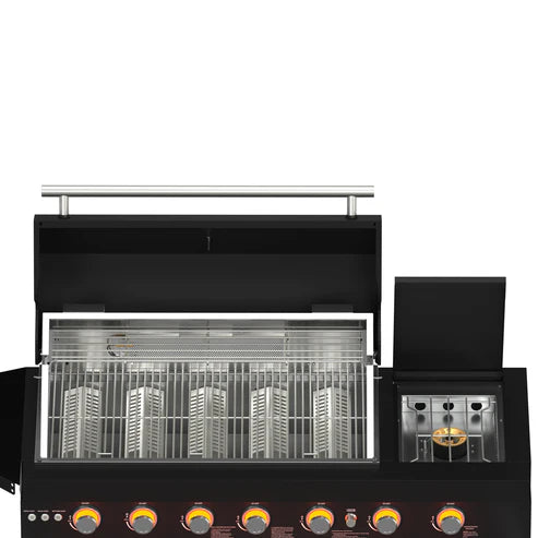 FORNO All’Aperto Outdoor Kitchen Set - 87,600 BTU Gas Grill with 4 Burners + Side Burner, Gas Pizza Oven, Sink Module/Beverage Center with Black Sintered Stone Countertop
