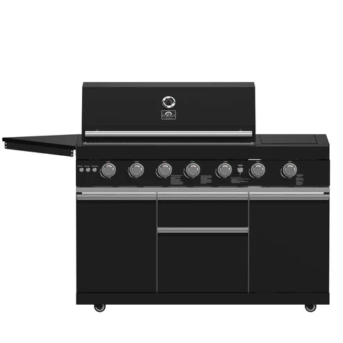 FORNO All’Aperto Outdoor Kitchen Set - 87,600 BTU Gas Grill with 4 Burners + Side Burner, Gas Pizza Oven, Sink Module/Beverage Center with Black Sintered Stone Countertop