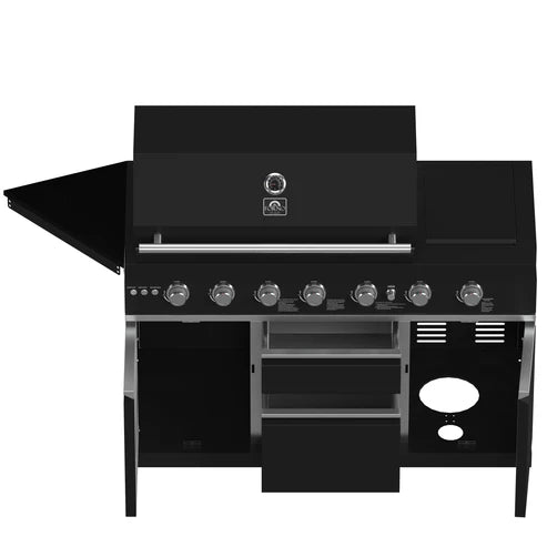FORNO All’Aperto Outdoor Kitchen Set - 87,600 BTU Gas Grill with 4 Burners + Side Burner, Gas Pizza Oven, Sink Module/Beverage Center with Black Sintered Stone Countertop