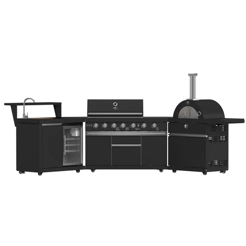FORNO All’Aperto Outdoor Kitchen Set - 87,600 BTU Gas Grill with 4 Burners + Side Burner, Gas Pizza Oven, Sink Module/Beverage Center with Black Sintered Stone Countertop