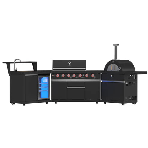 FORNO All’Aperto Outdoor Kitchen Set - 87,600 BTU Gas Grill with 4 Burners + Side Burner, Gas Pizza Oven, Sink Module/Beverage Center with Black Sintered Stone Countertop