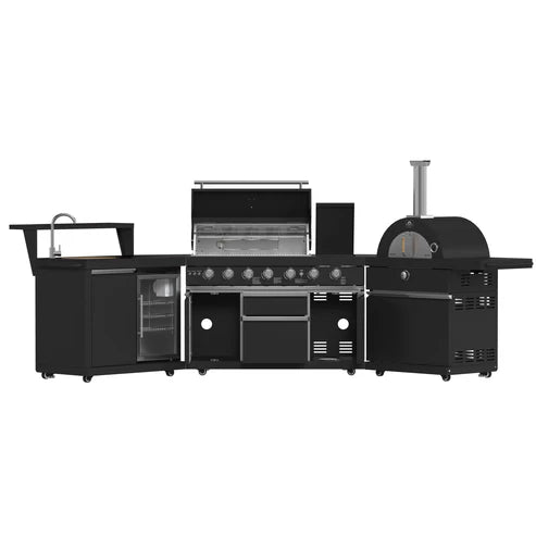FORNO All’Aperto Outdoor Kitchen Set - 87,600 BTU Gas Grill with 4 Burners + Side Burner, Gas Pizza Oven, Sink Module/Beverage Center with Black Sintered Stone Countertop