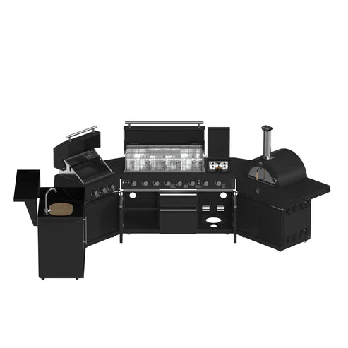 FORNO All’Aperto Outdoor Kitchen Set - 99,600 BTU Gas Grill with 5 Burners + Side Burner, Gas Pizza Oven, Sink Module/Beverage Center with Black Sintered Stone Countertop