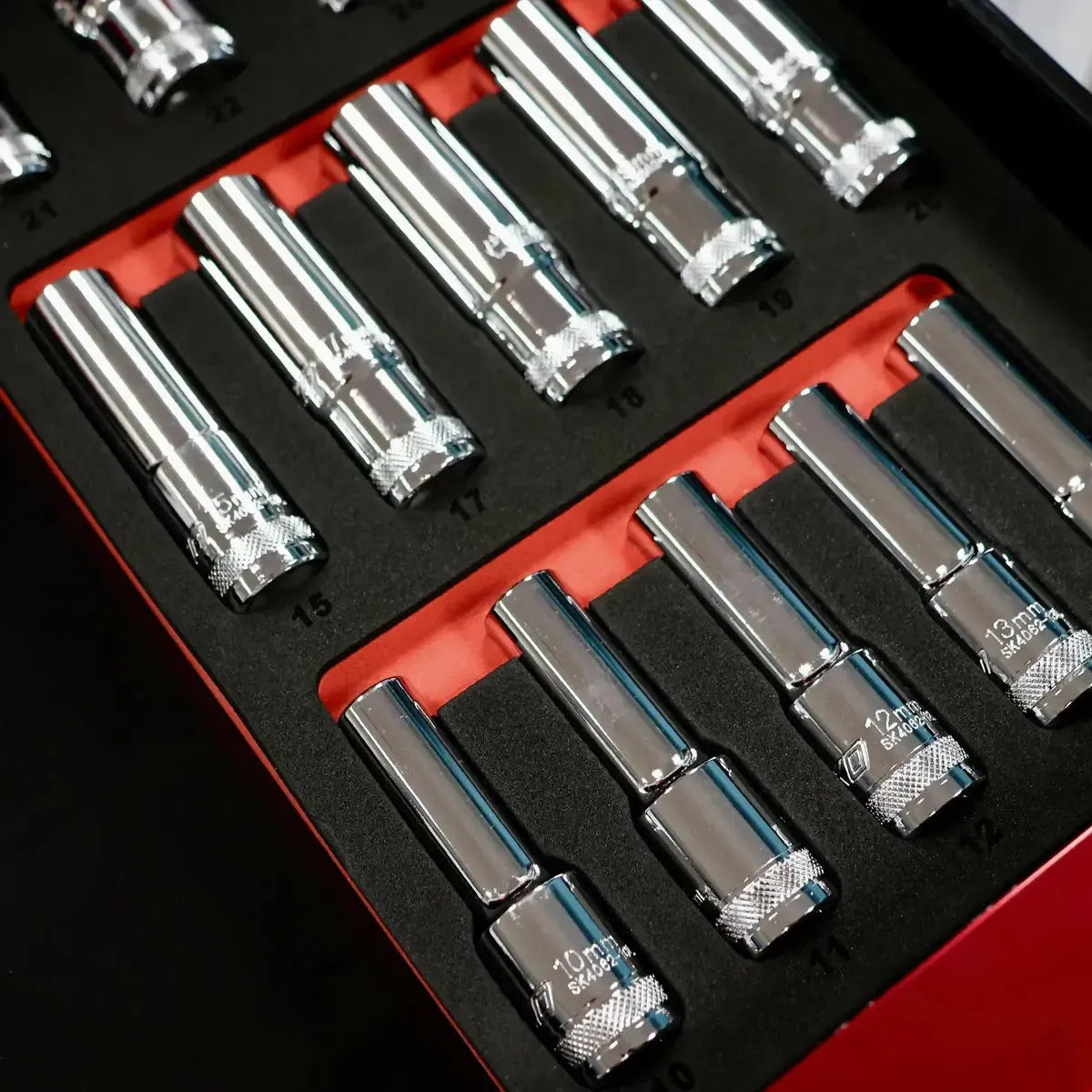 Boxo 16-Piece 1/2" Drive Metric 6-Point Deep Socket Set | 1/3 Drawer EVA Foam