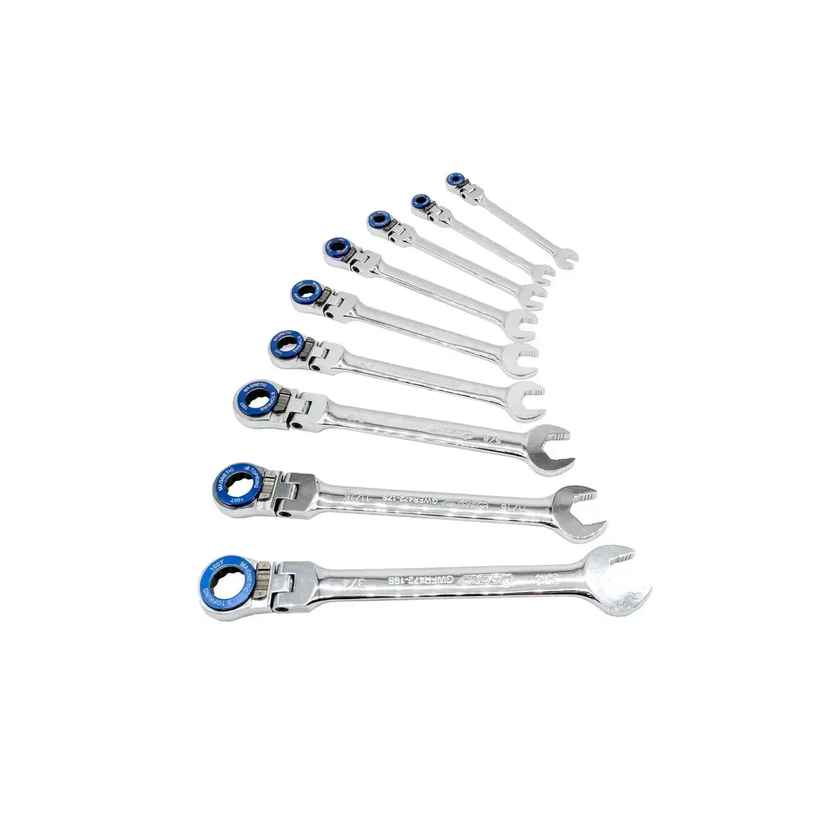 Boxo 9-Piece Flex Head 100T SAE Ratcheting Combination Wrench Set with Magnetic Stop Ring and Grip Open End | 1/3rd EVA Foam