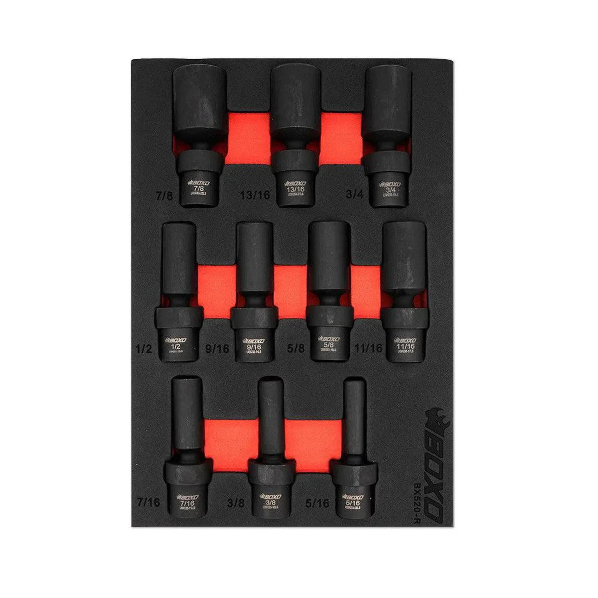 Boxo 10-Piece 3/8" Drive 6-Point SAE Deep Impact Swivel Socket Set | 2/9th EVA Foam