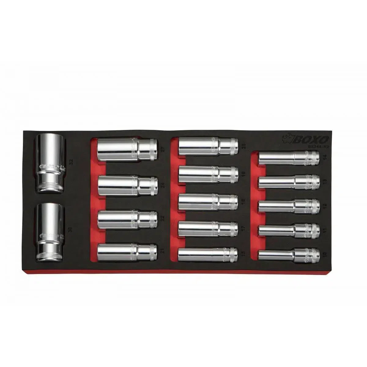 Boxo 16-Piece 1/2" Drive Metric Deep Socket Set | 1/3rd EVA Foam