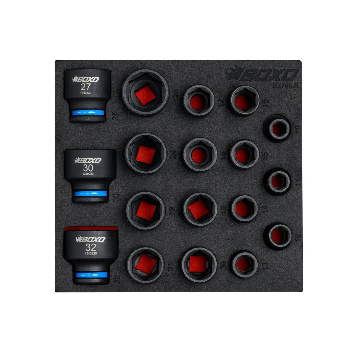 Boxo 18-Piece 1/2" Drive Metric 6-Point Shallow Impact Socket Set | 1/6th EVA Foam