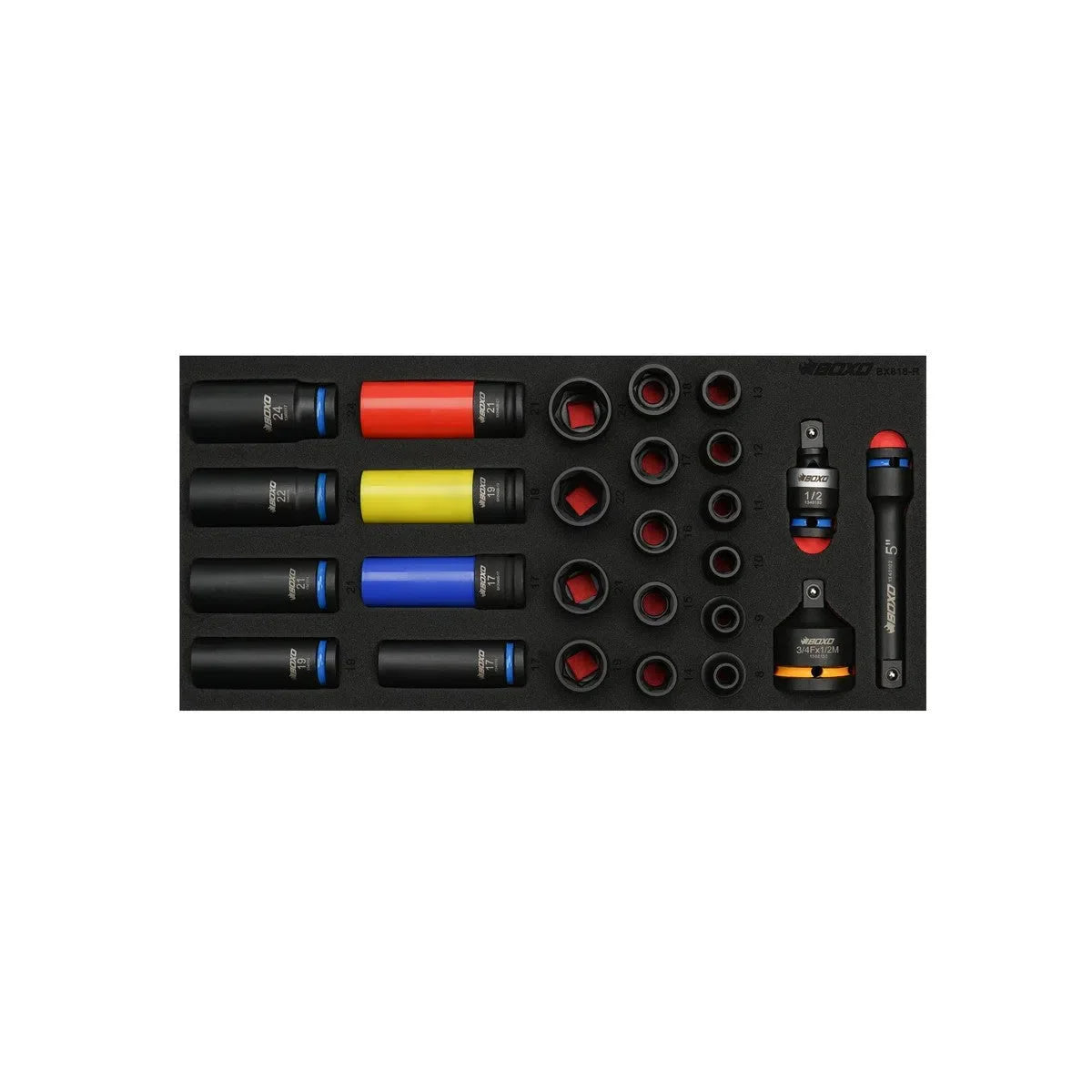 Boxo 26-Piece 1/2" Drive Impact 6-Point Metric Socket Set with Wheel Sockets | 1/3rd EVA Foam