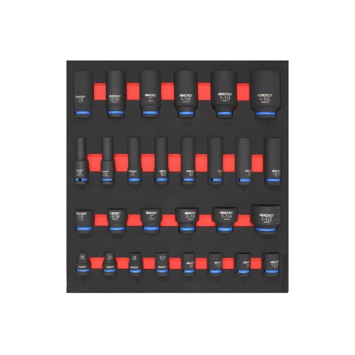 Boxo 28-Piece ½” Drive SAE Impact Socket Set | 2/3 Drawer EVA Foam