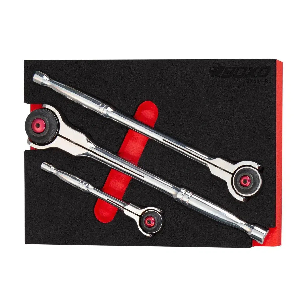 Boxo 3-Piece 72T 1/4", 3/8" & 1/2" Drive Swivel Head Ratchet Set | 2/9th EVA Foam
