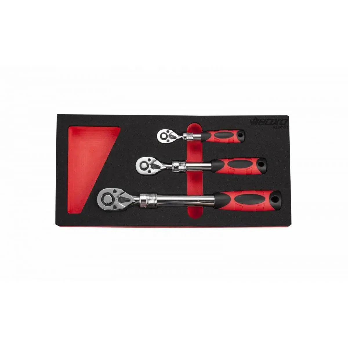 Boxo 3-Piece 72T 1/4", 3/8" & 1/2" Driver Extendable Handle Ratchet Set | 1/3rd EVA Foam