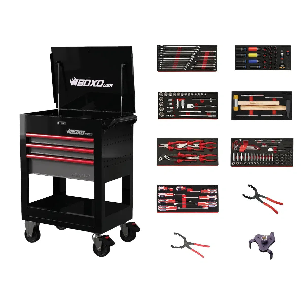 Boxo Pro Series | 28" 3-Drawer Flip-Top Service Cart with Quick Service Master Tool Set